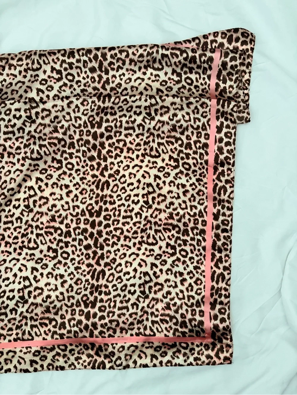 Leopard Print Satin Scarf with Pink Trim
